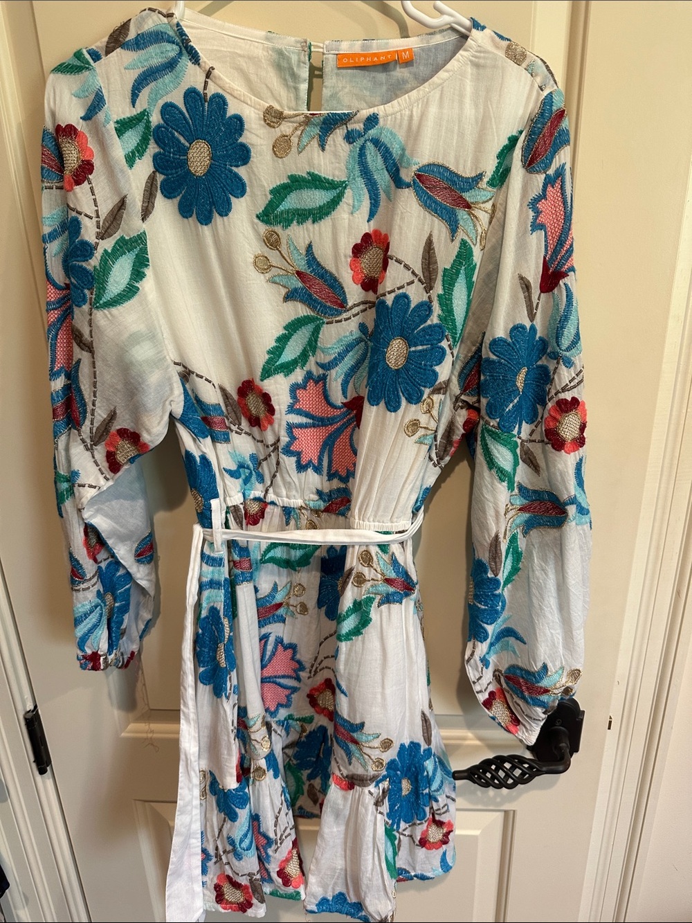 Oliphant White Long Sleeve Dress with Blue Floral Embroidery